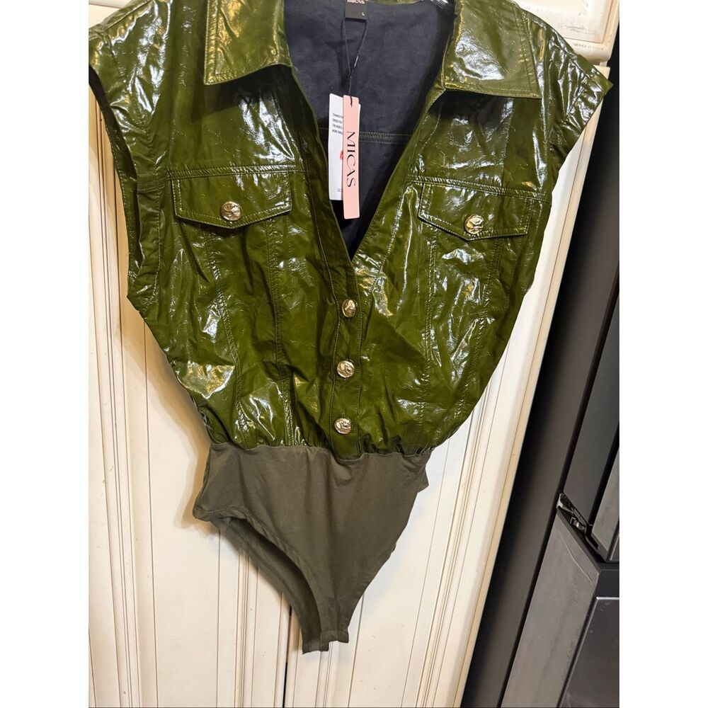 Micas Women's Faux Leather Button Patchwork Tank Sleeveless Bodysuit Olive Large - Picture 5 of 11